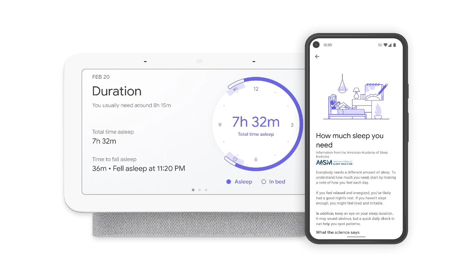 Google Nest Hub Sleep Sensing and Google Fit. The smart display showing sleep duration and a phone showing Google Fit telling the user how much sleep is recommended.