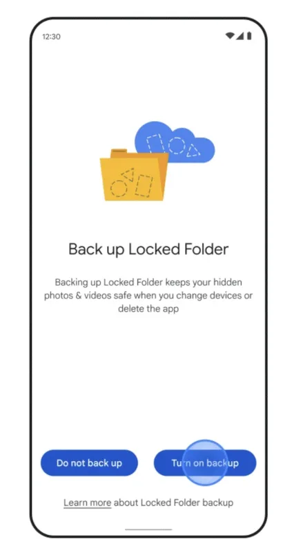 A screenshot for Google Photos showing a page where you can choose whether to back up a locked folder.