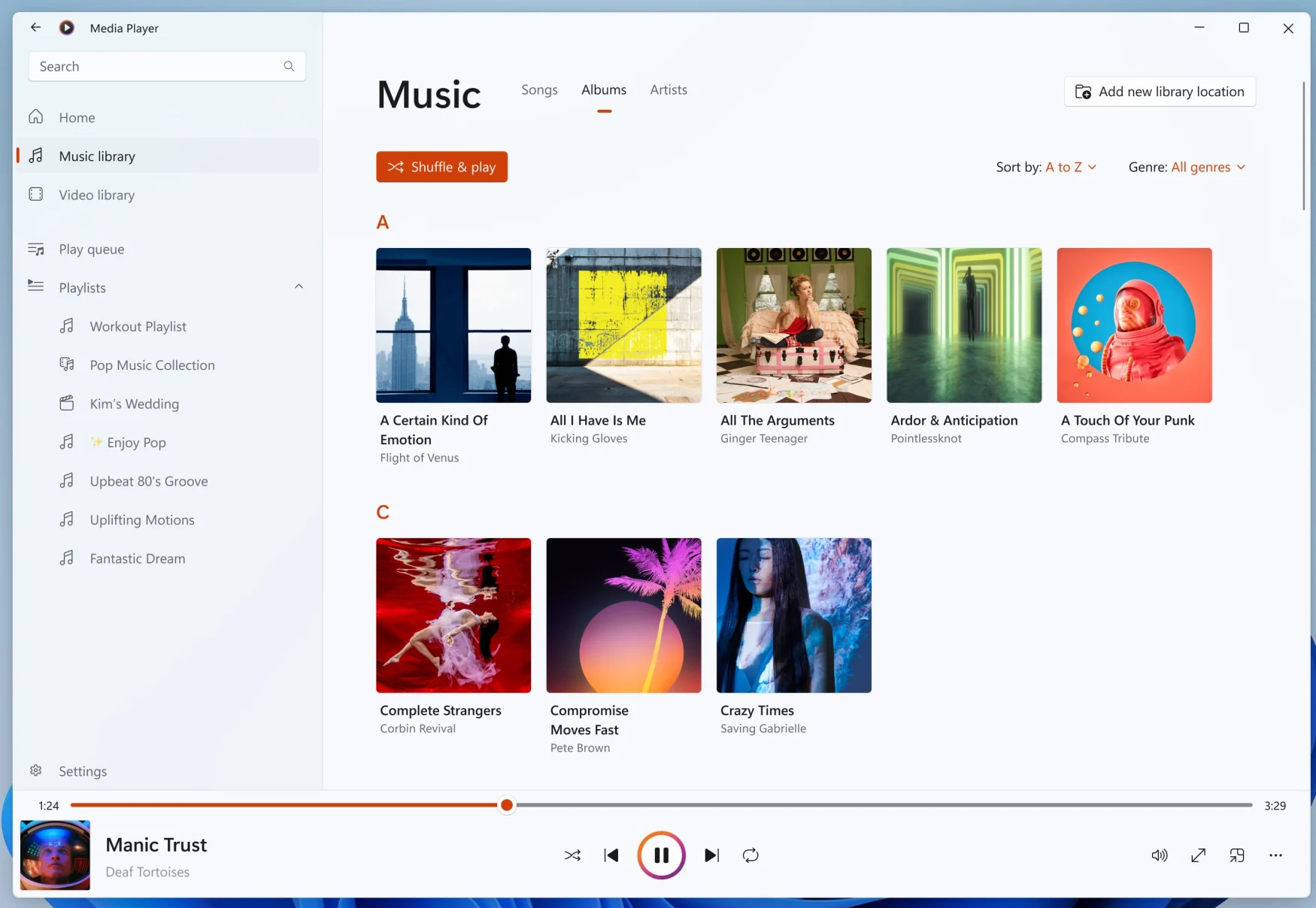 A screenshot showing the music library in the Media Player for Windows 11 app.