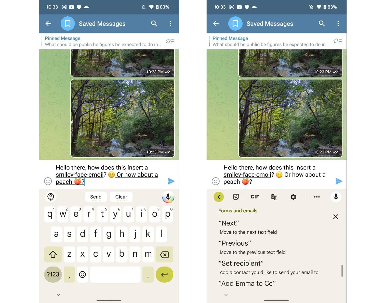 Screenshots showing examples of the new voice keyboard on the Pixel 6, as well as the help page showing more commands that can be used, like 