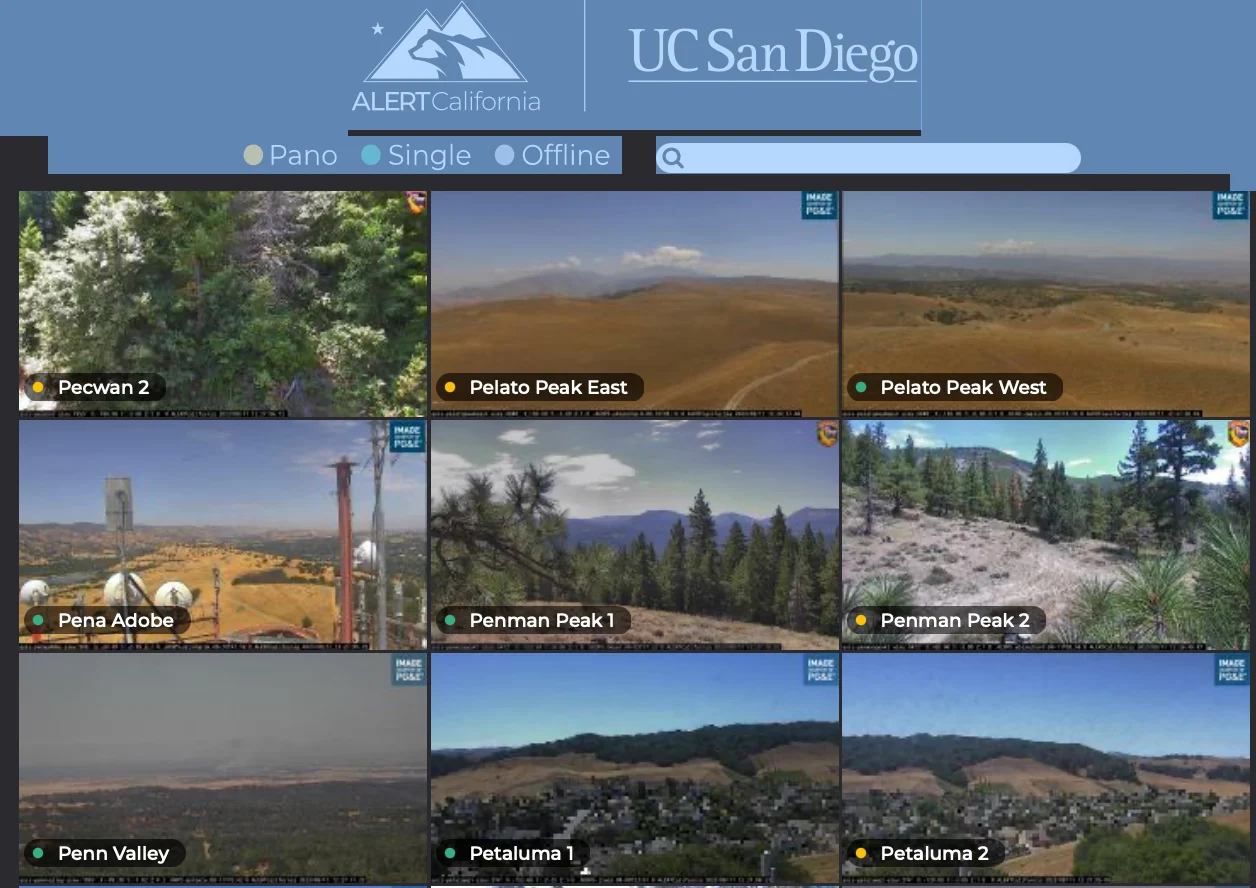 Een klein deel van de 1.032 live camerafeeds die worden gebruikt in Cal Fire's AI-natuurbranddetectieprogramma.  Negen feeds zijn zichtbaar, die verschillende bos- en woestijngebieden in de Golden State laten zien.