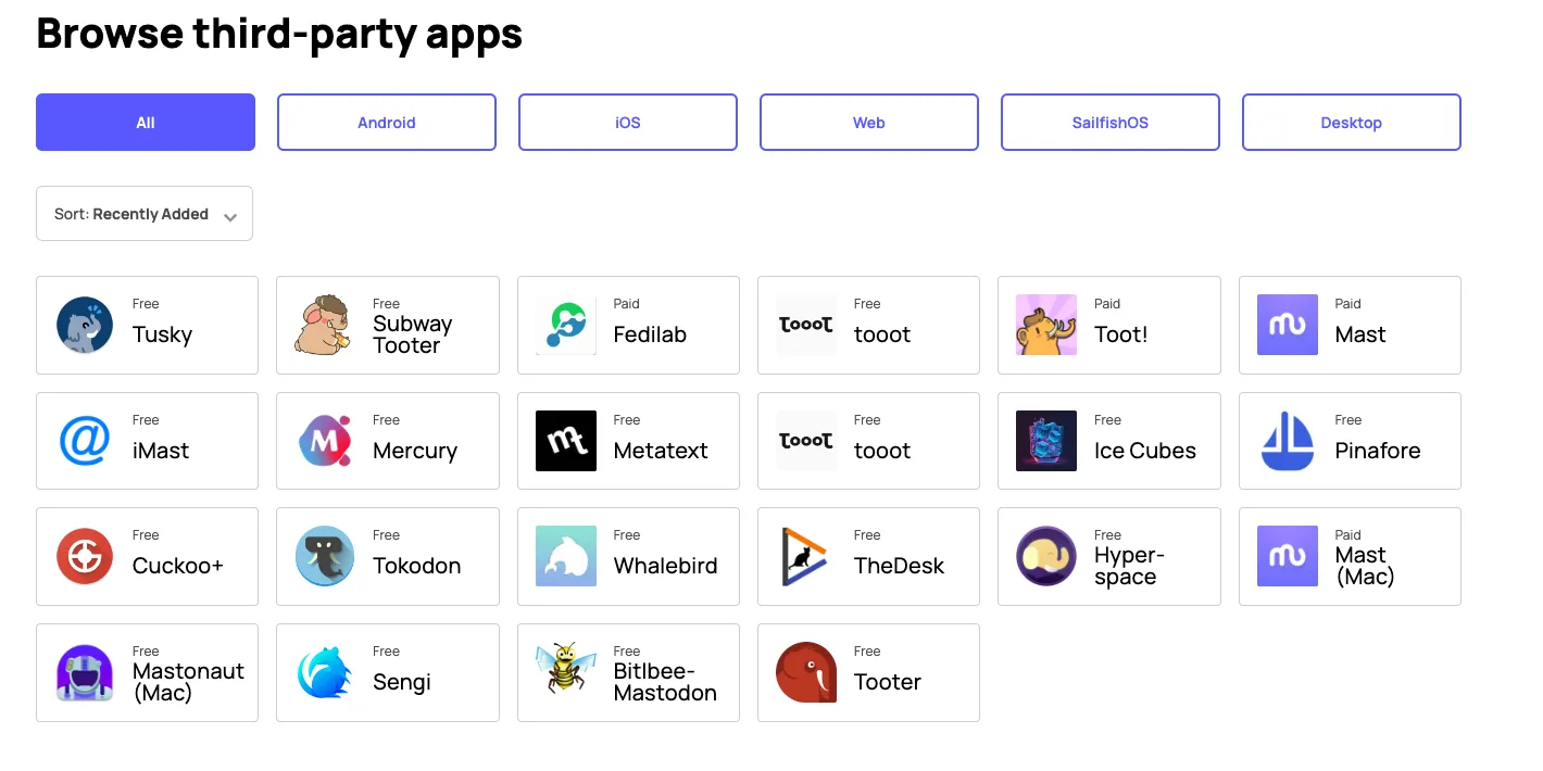 A screenshot from Mastodon's website showing 22 different clients made by third-party developers.