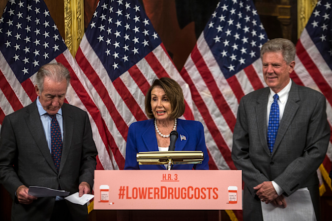 WASHINGTON, DC - OCTOBER 16: House Speaker Nancy Pelosi (D-CA) speaks as Rep. Richard Neal (D-MA) (L) and Rep. Frank Pallone (D-NJ) look on during a news conference discussing H.R. 3, the Lower Drug Costs Now Act, on Capitol Hill on October 16, 2019 in Washington, DC. The bill aims to end the ban on Medicare negotiating directly with drug companies, and reinvest in innovation medical treatment. (Photo by Zach Gibson/Getty Images)