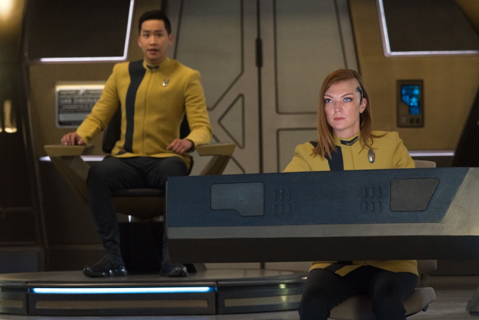 Pictured: Emily Coutts as Lt. Keyla Detmer and Patrick Kwok-Choon as Lt. Gen Rhys of the Paramount+ original series STAR TREK: DISCOVERY. Photo Cr: Michael Gibson/ViacomCBS Â© 2021 ViacomCBS. All Rights Reserved.