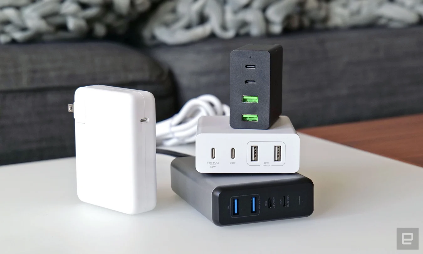 While Razer's 130-watt GaN charger (top middle) is the most expensive of the bunch at $180, it earned our pick as the best 100-watt or higher charger due to its more compact design, strong power output and the inclusion of useful extras like international outlet adapters and a braided 100-watt USB-C cord. 