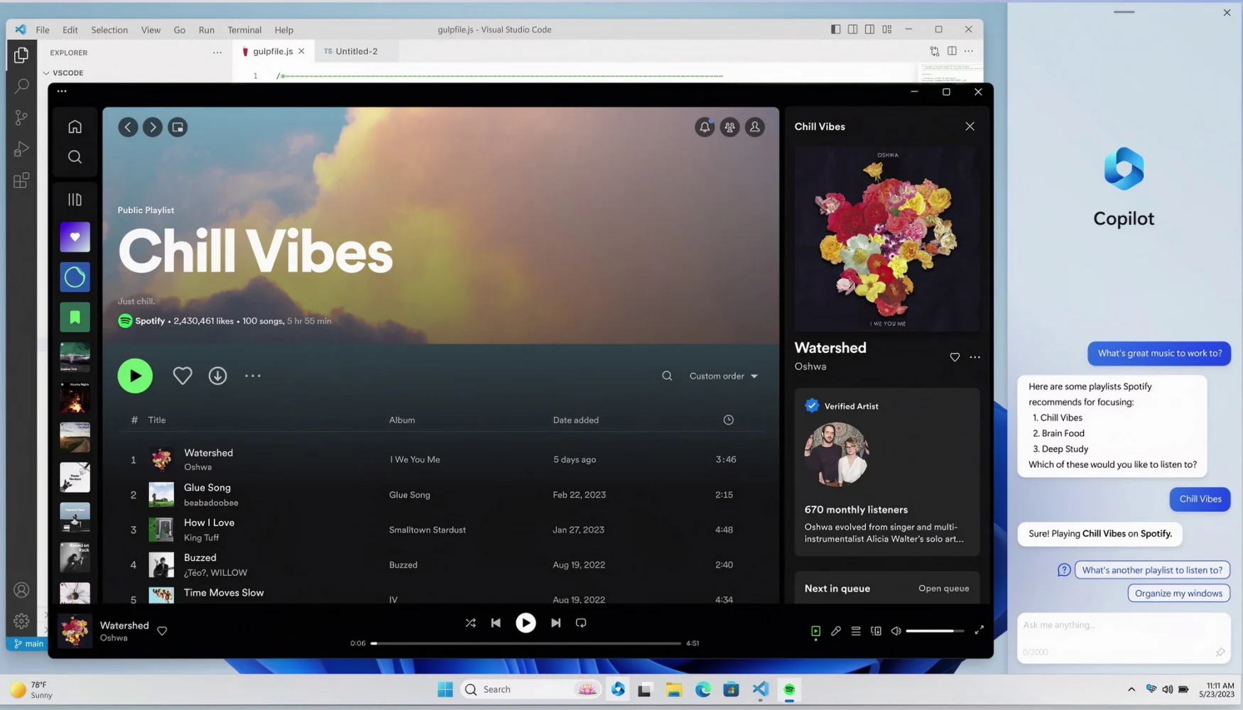 Windows Copilot che sceglie la musica in Spotify