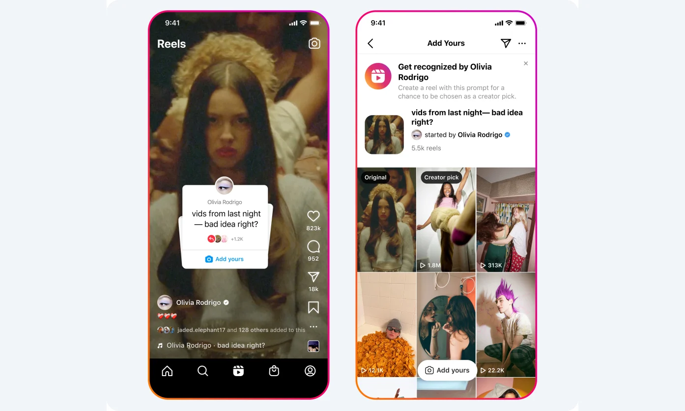 Promotionele screenshots voor Instagram's nieuwe functie 'Voeg de jouwe toe'.  Popster Olivia Rodrigo plaatst een feestfoto met het onderschrift 'video's van gisteravond — slecht idee toch?'  aan de linkerkant met volgersreacties aan de rechterkant.