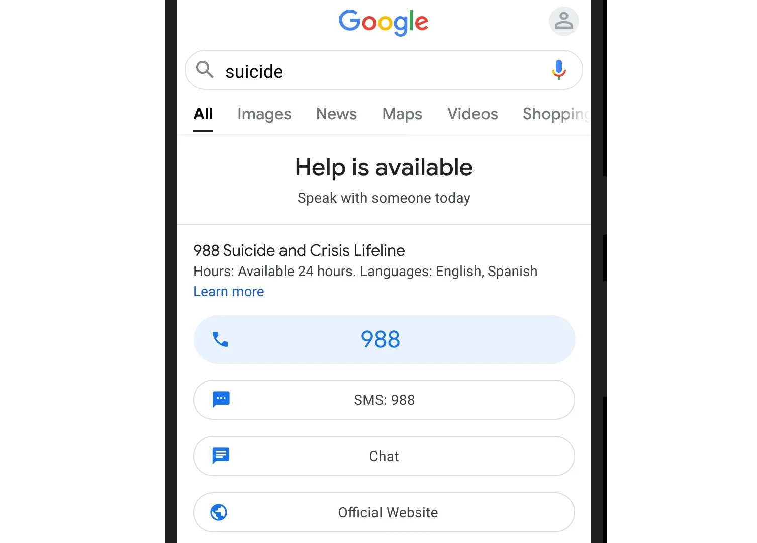Google search page displaying Suicide and Crisis Lifeline results for the query 