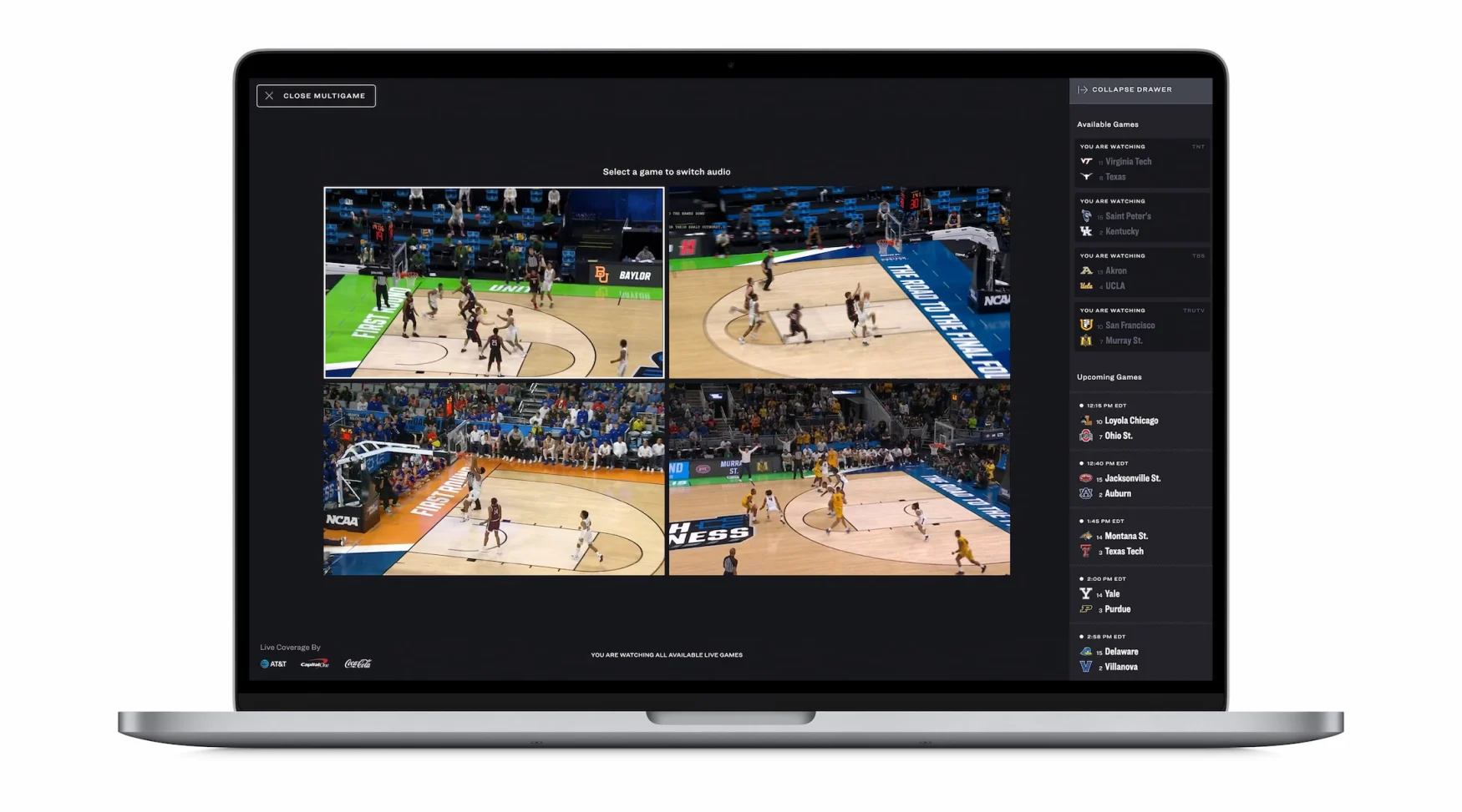 A laptop showing a multiview of NCAA March Madness with four games being streamed simultaneously