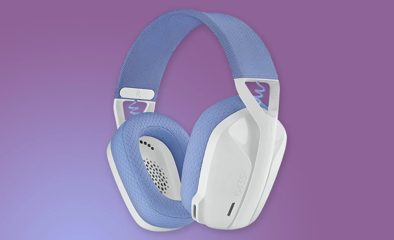 The Logitech G435 gaming headset against a purple background.