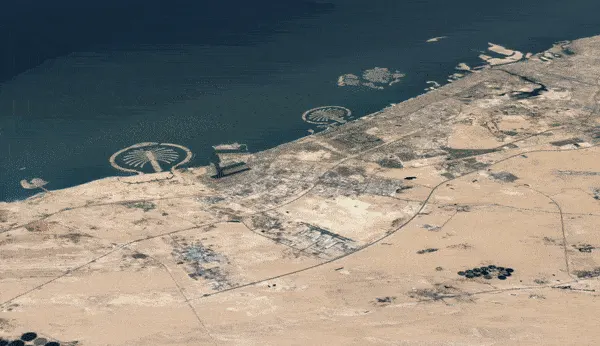 Google Earth timelapse video Dubai UAE. An animation showing a timelapse of the development of Dubai along a waterfront.