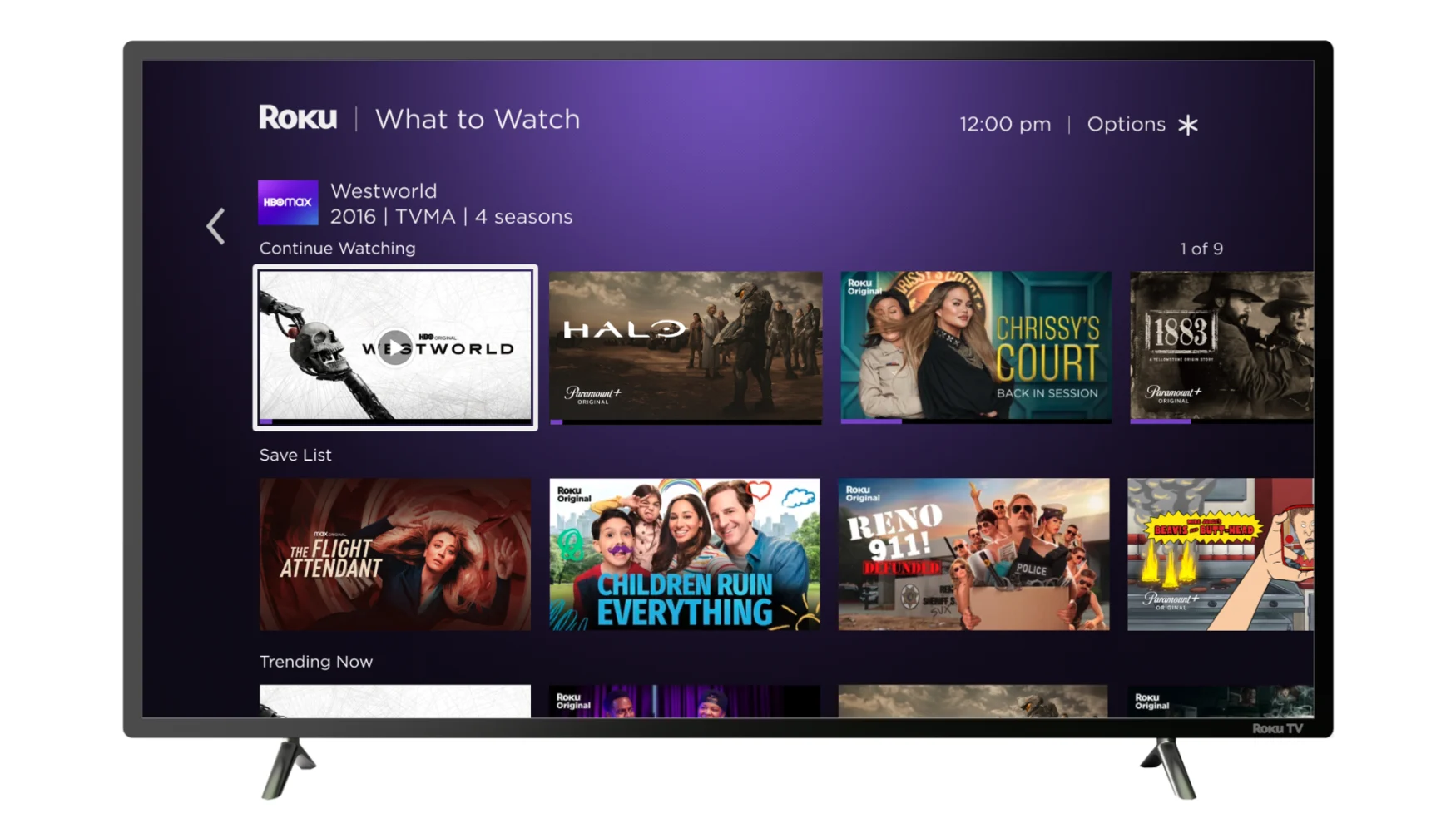 Roku OS, displaying Continue Watching and Save List features.