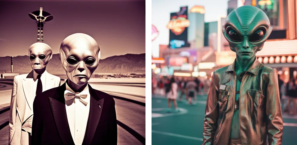 Comparison images of AI-generated artwork, featuring an Alien in Las Vegas.