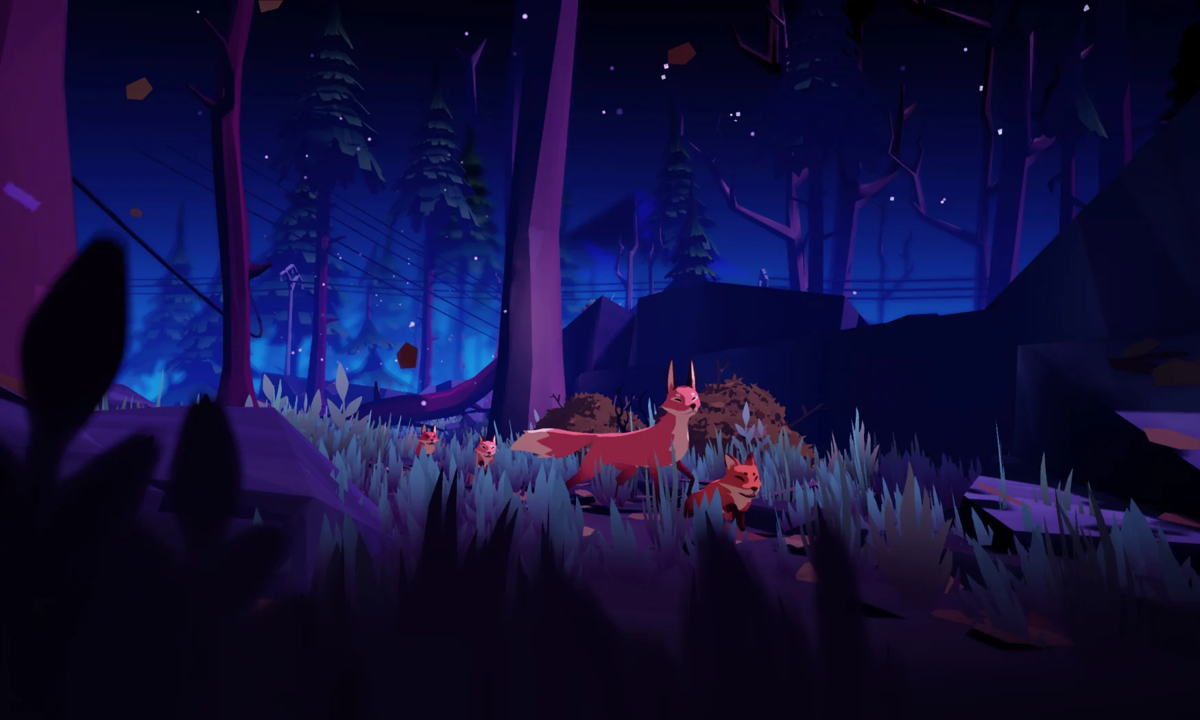Gameplay still from ‘Endling – Extinction is Forever,’ displaying a mother fox and her three cubs journeying through a dark forest at night.