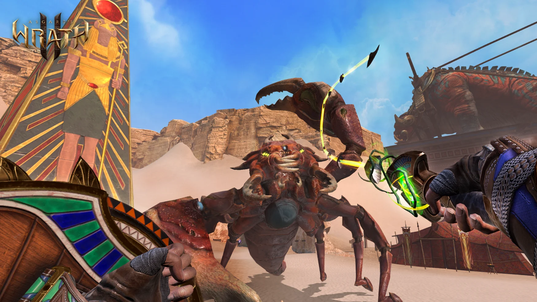 A screenshot of Asgard's Wrath 2 from a first-person perspective.  The player character is shown holding a shield in one hand and lashing a whip with the other.  In front of the player is a large crab-like monster.  To the left is a pillar with art depicting a figure from ancient Egypt.