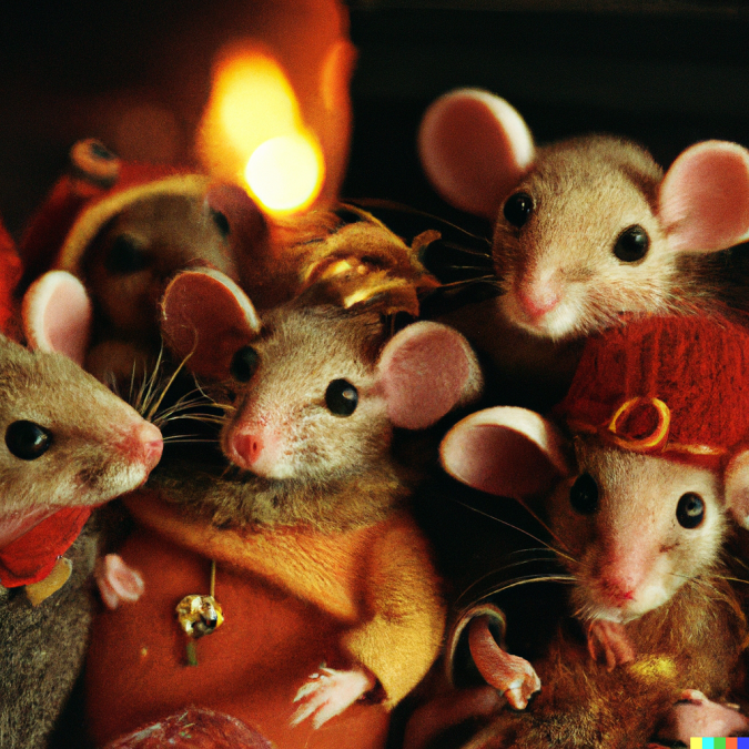 Macro 35mm film photography of a large family of mice wearing hats cozy by the fireplace.