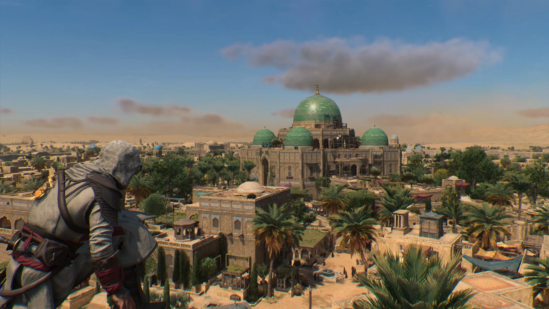 A hooded figure sits on a viewpoint looking towards a large green palace in the 9th century version of Baghdad in Assassin's Creed Mirage.