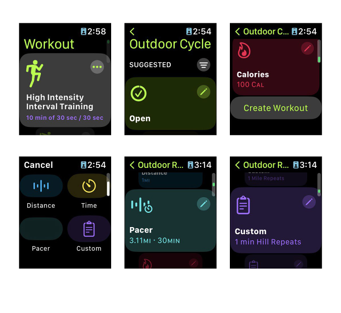 Six screenshots showing the new custom workouts in watchOS 9 beta.