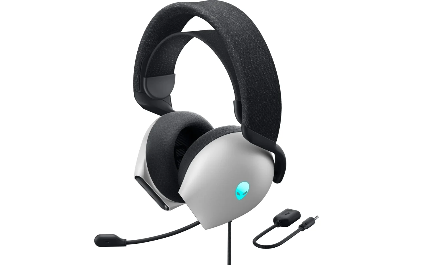 Product image of the Alienware Wired Gaming Headset, taken from the left front, with the glowing blue alien logo on the left side.  White background.