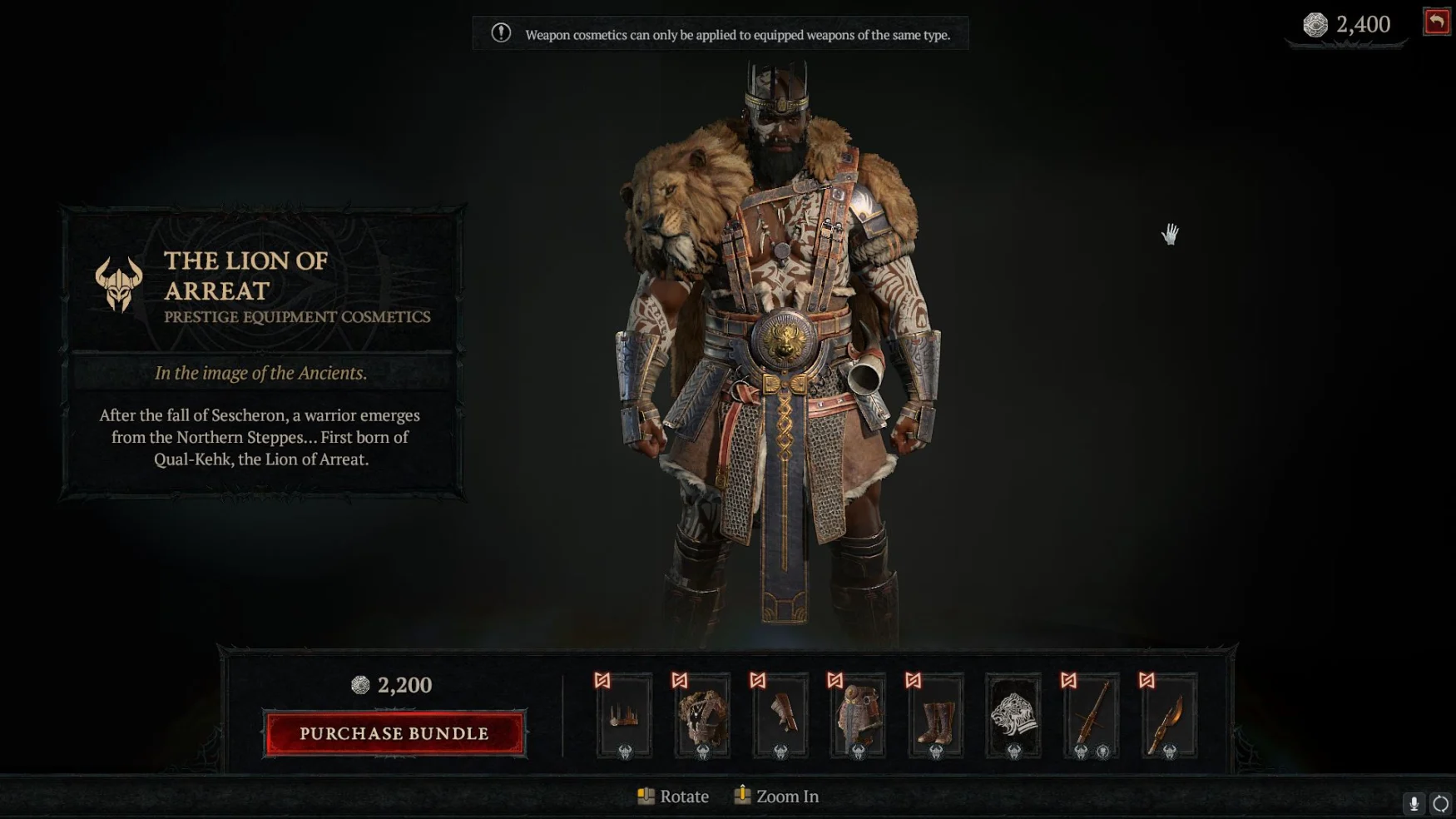 Capture d'écran de la boutique Diablo IV, montrant l'ensemble cosmétique Lion d'Arreat pour les barbares.  