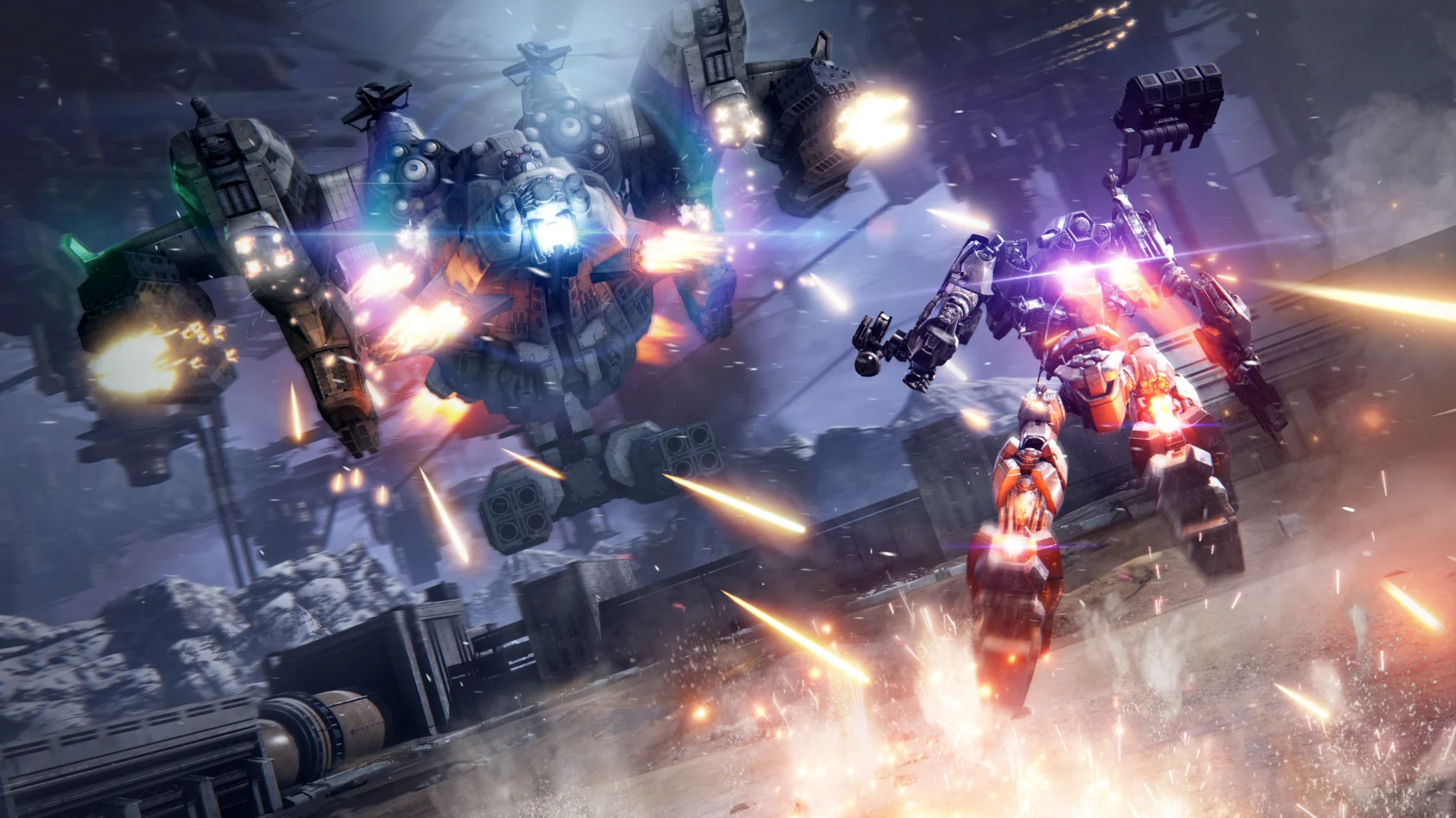 Gameplay screenshot from ‘‘Armored Core VI: Fires of Rubicon.’ The player-controlled mech (right) has its jetpack turned on as it dodges fire from a giant mech in the distance. The sky is dark and purple, gunfire and explosions all around.