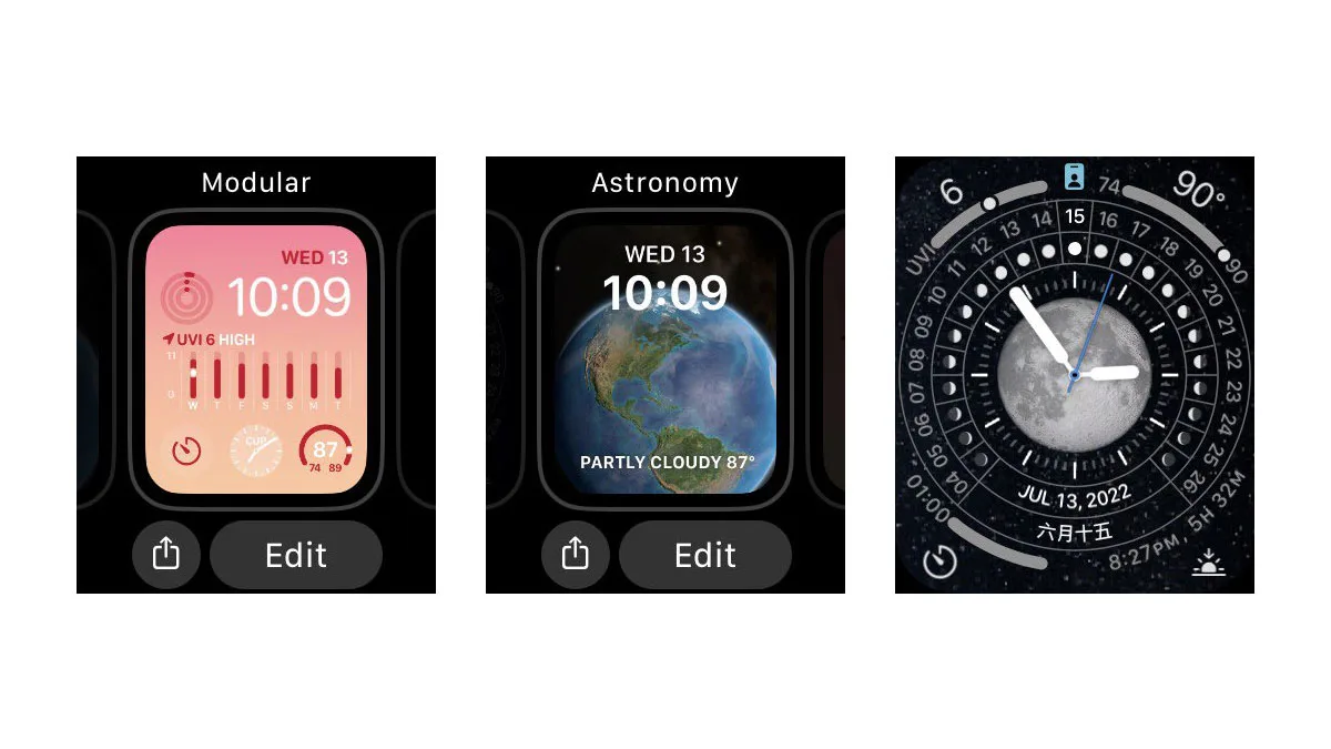 Three screenshots showing, from left to right, the new Modular, Astronomy and Lunar watch faces in the watchOS 9 beta.