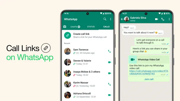 Screenshots of the WhatsApp feature Call Links, which allows users to join a call by tapping a link.