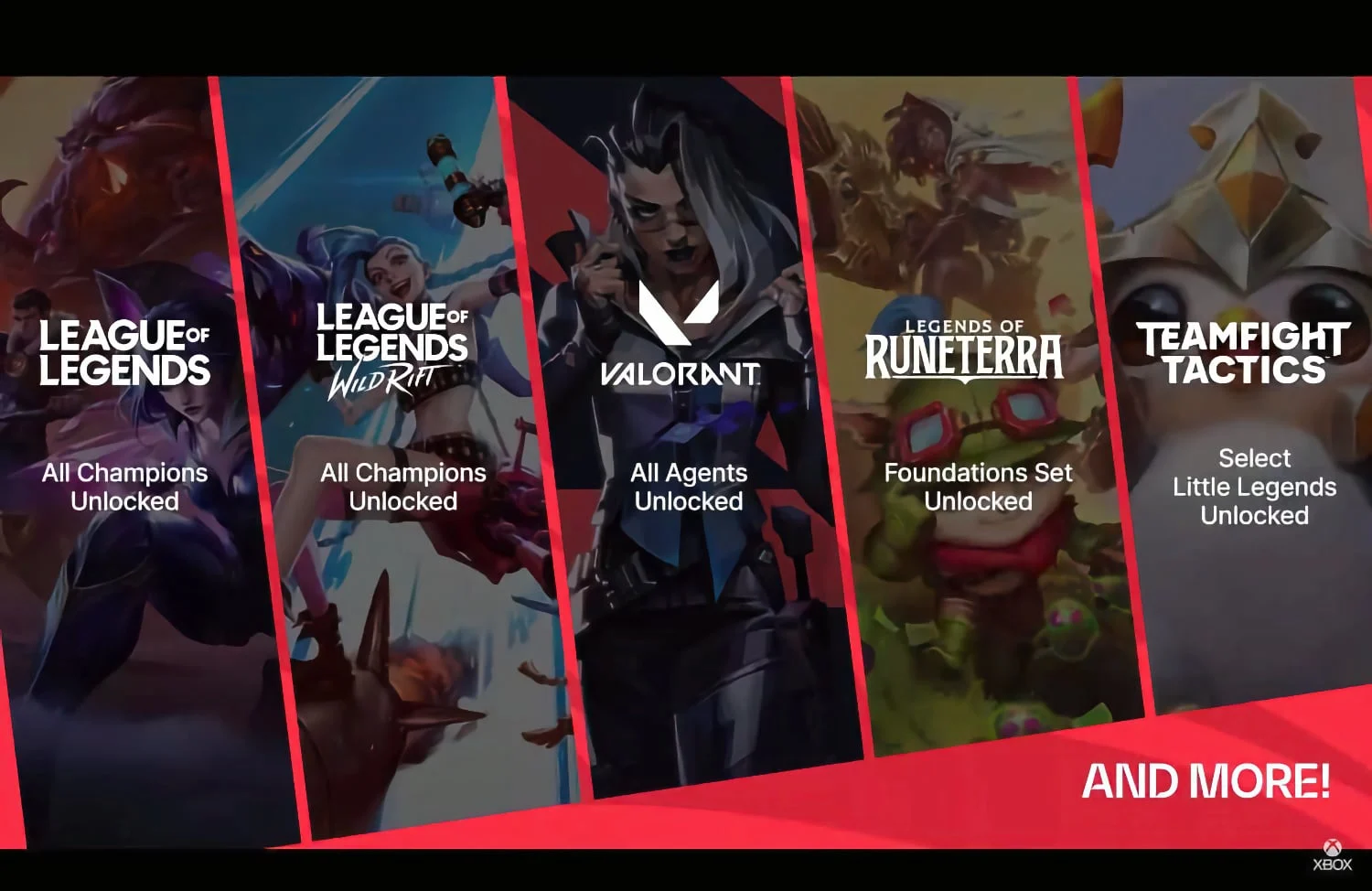 Xbox event slide showing 'League of Legends', 'LoL: Wild Rift,' 'Valorant,' 'Legends of Runeterra' and 'Teamfight Tactics' heading to Game Pass.