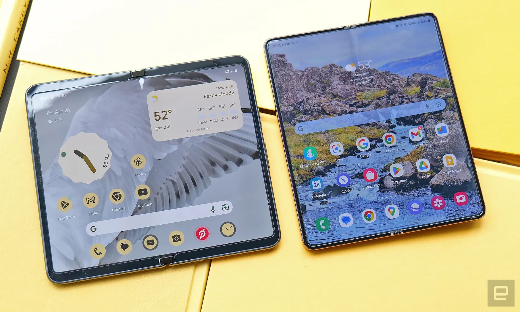 The Pixel Fold's interior display compared to the Samsung Galaxy Z Fold 4. 