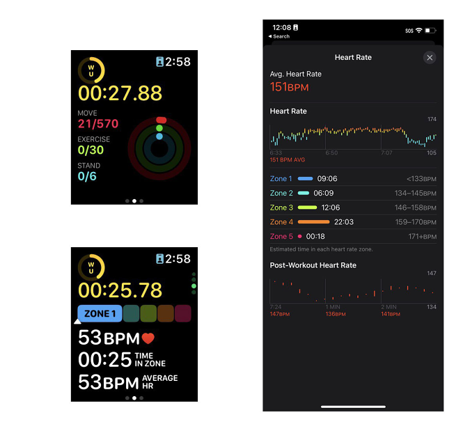 Duas capturas de tela do Apple Watch ao lado de uma captura de tela do iPhone mostrando as novas visualizações Cardio Zone e Activity no aplicativo Workout, bem como o resumo da frequência cardíaca no aplicativo Fitness no telefone. 