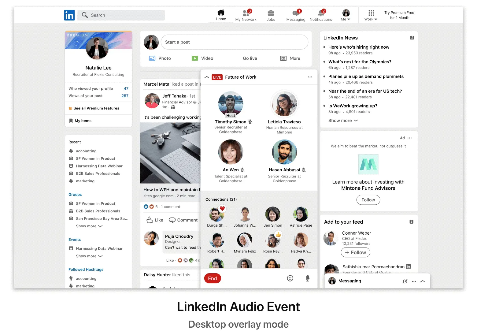 A screenshot showing how LinkedIn Audio Events will look, with hosts given prominence and attendees listed below.