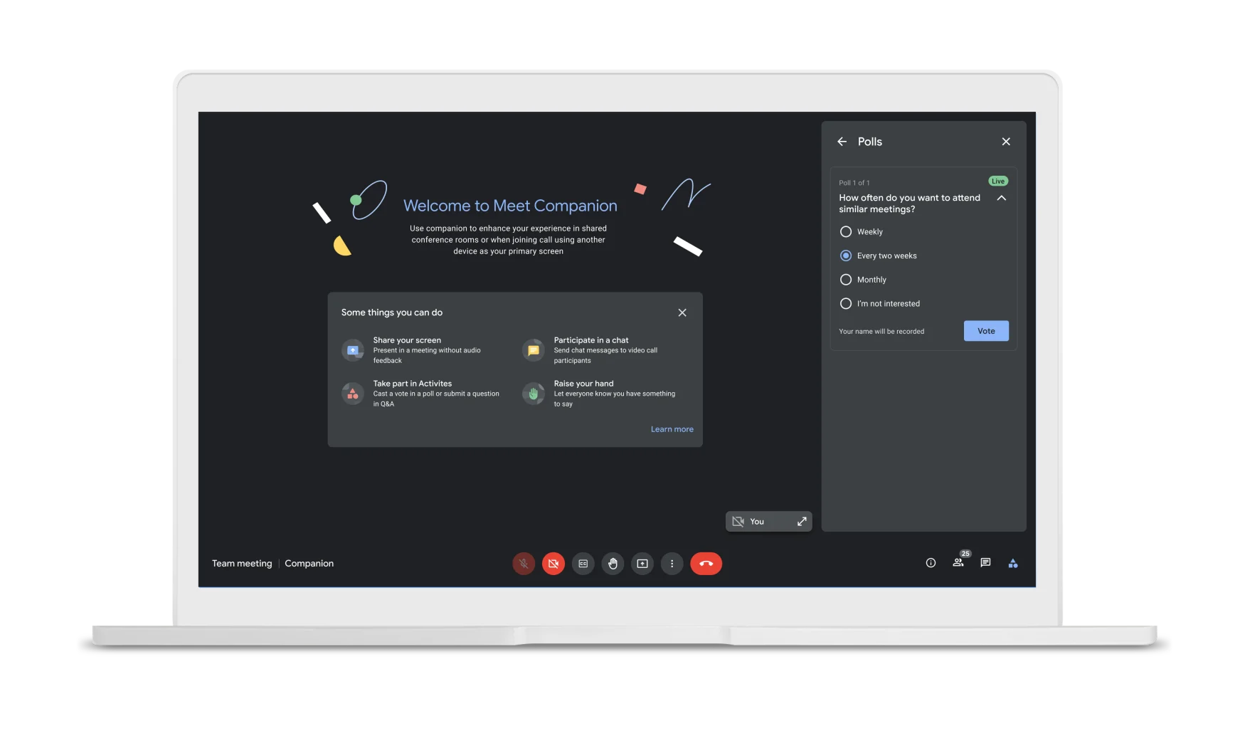 An image showing Google Meet on the web with Companion Mode.