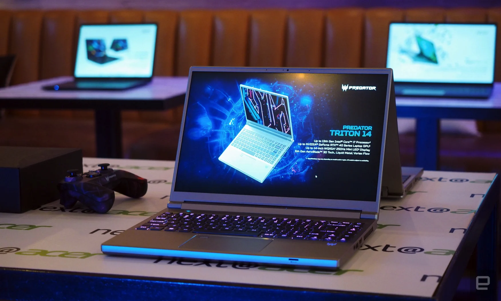 Image of Acer Predator Triton 14, a 14-inch refined gaming notebook, on a table.