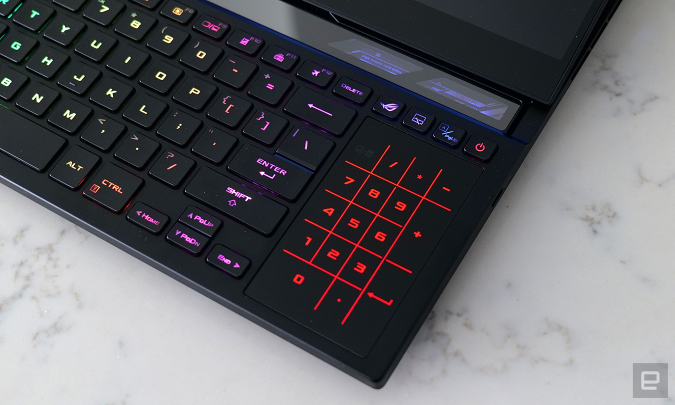 Because of its design, the Asus ROG Zephyrus Duo 16's touchpad is rather cramped. But ASUS tries to make up for that with a feature that transforms the touchpad into a number pad with a single touch. 