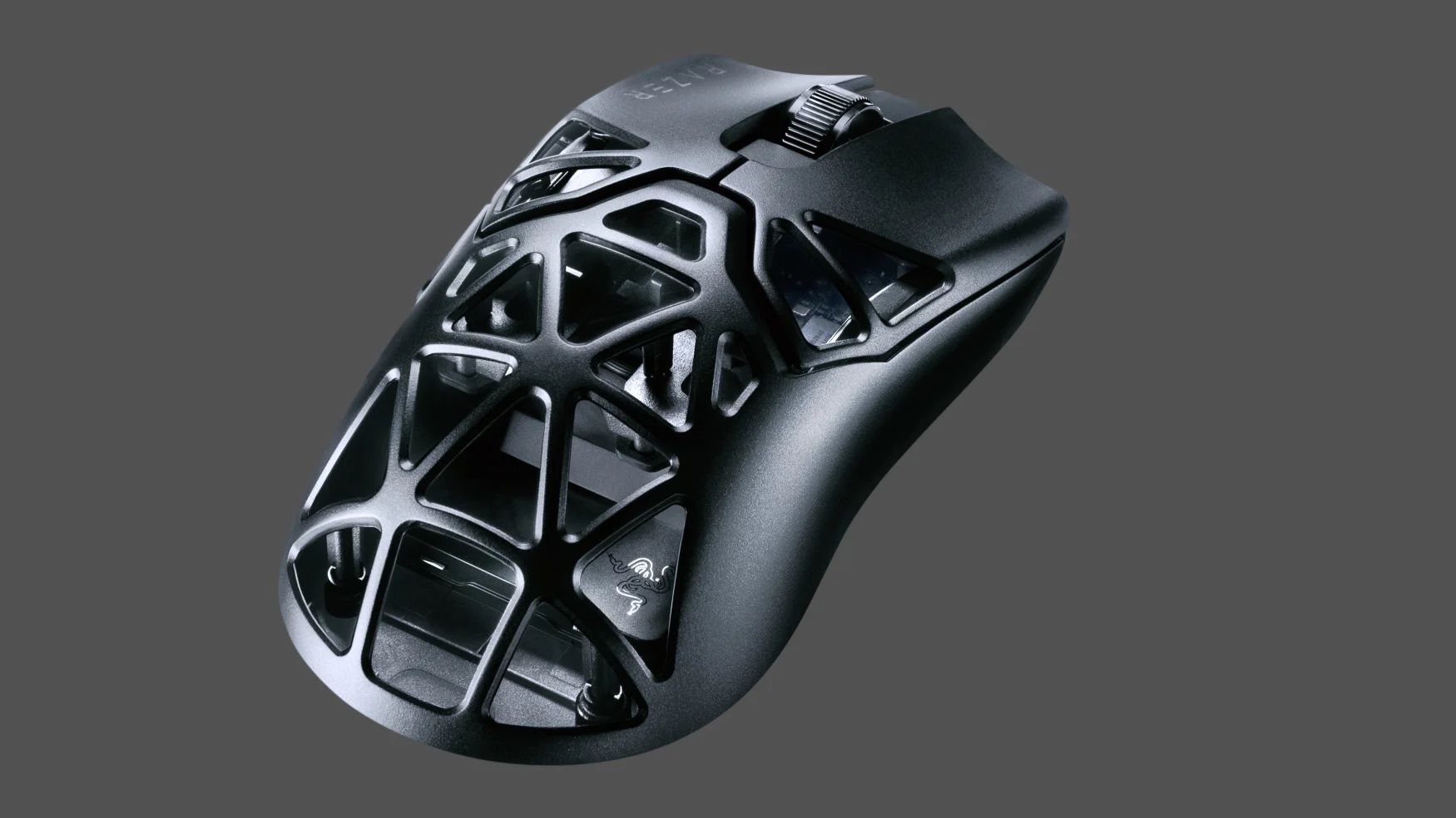 Marketing render of a new Razer gaming mouse with a magnesium exoskeleton and partially hollow interior.