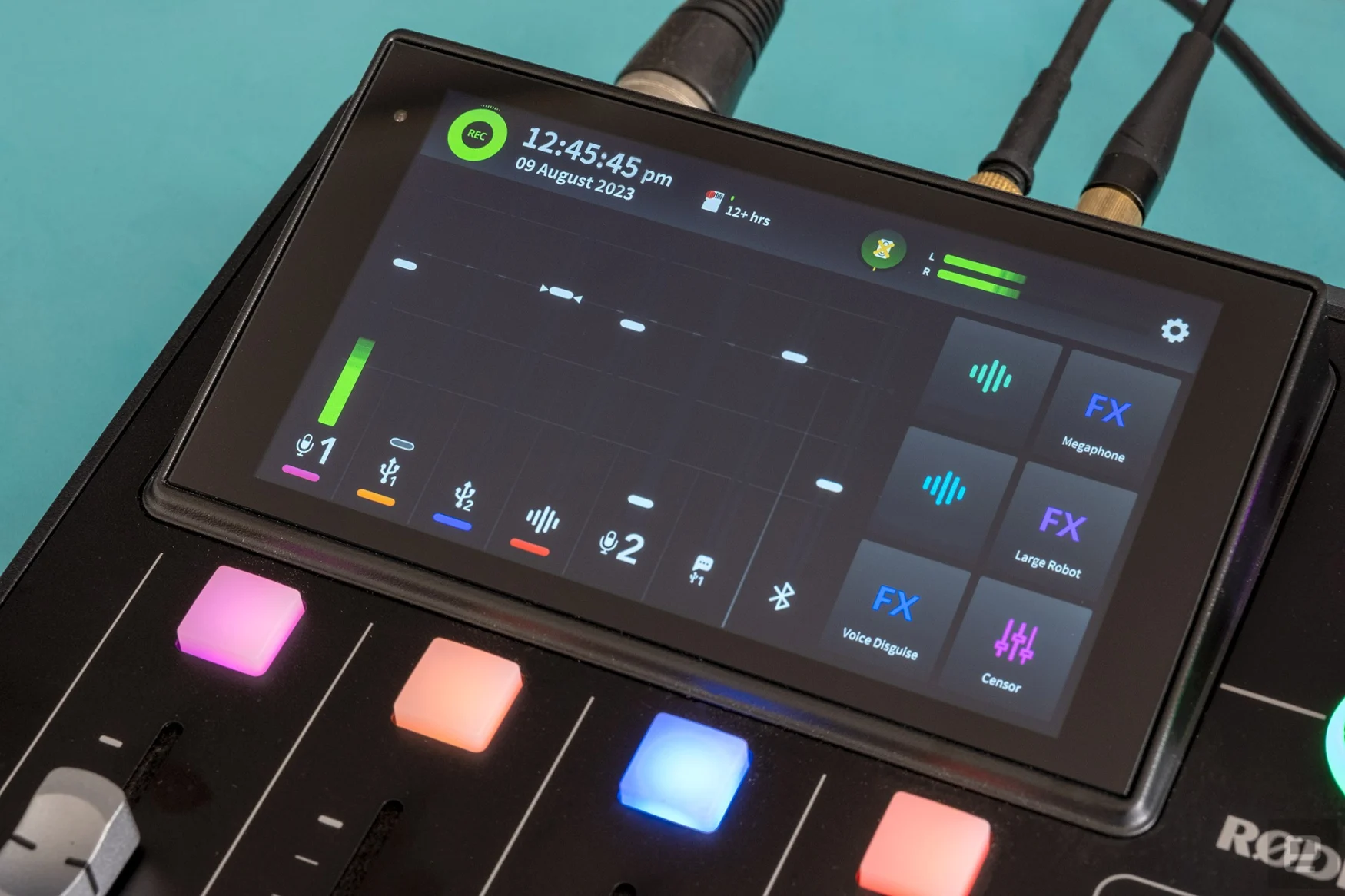 The Rodecaster Duo's touchscreen display showing the mixer levels.
