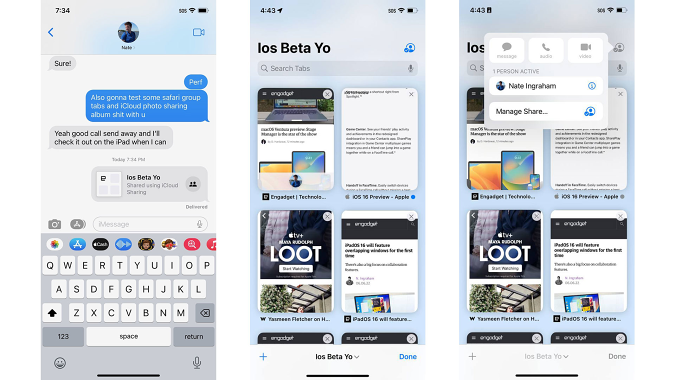 Tiga tangkapan layar yang menunjukkan cara kerja fitur berbagi Grup Tab baru di iOS 16.