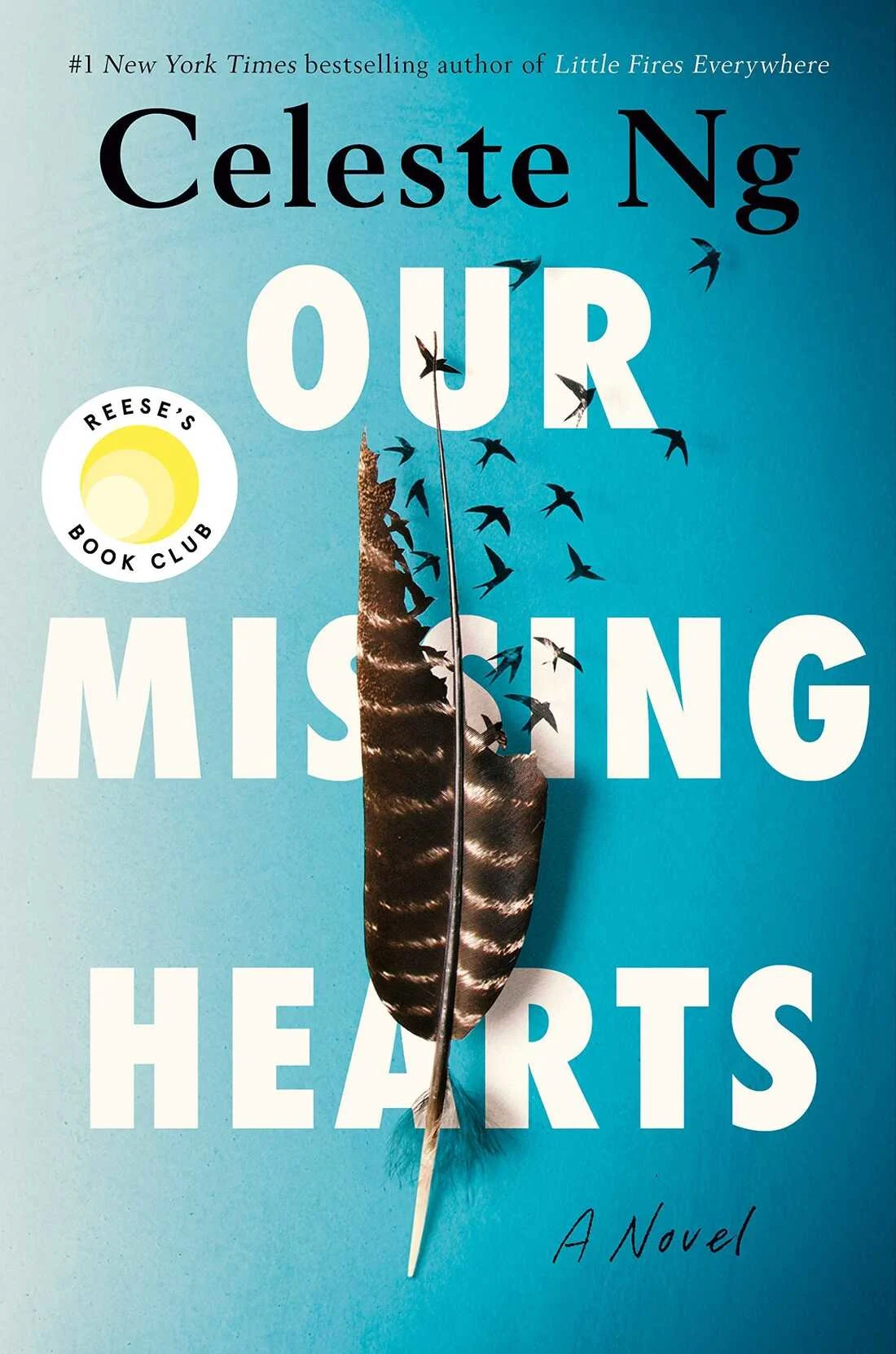 a feather disintegrating into birds on a blue ombre background.  ugh reese witherspoon vouches for this book for some reason