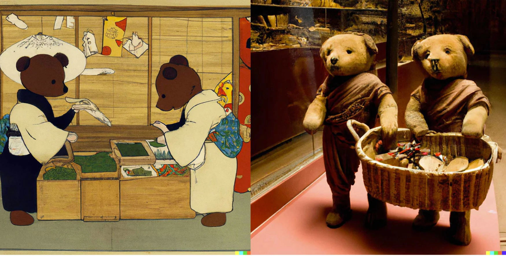 Two images of bears in different styles as produced by Generative AI system DALL-E 2.