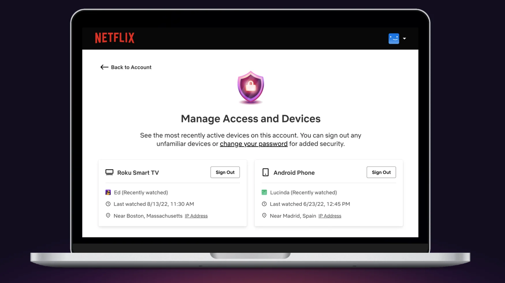 Netflix Erişimi ve Cihazları Yönet menüsü