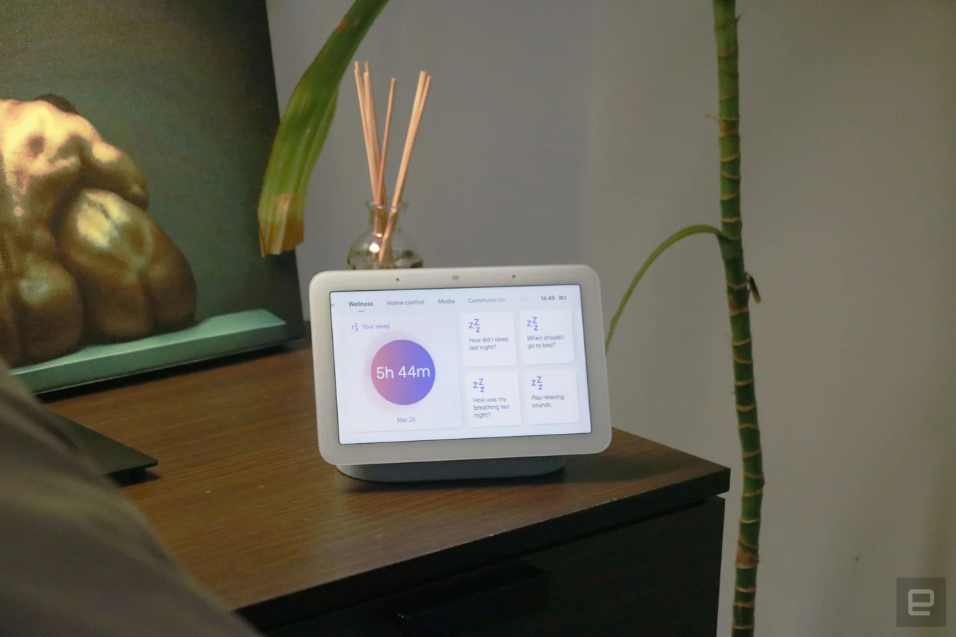 Google Nest Hub 2021 (2nd gen) photo. Picture of Google's newest smart display on a nightstand.