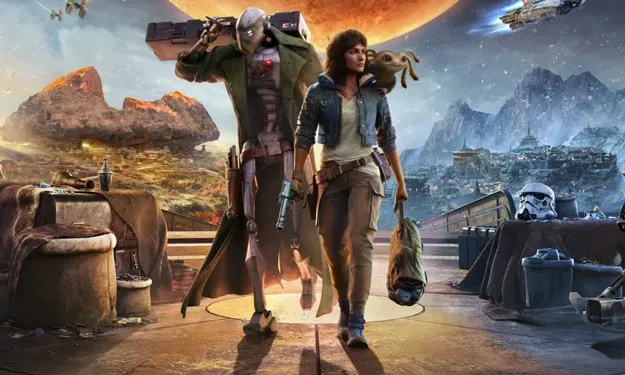 Werbebild aus „Star Wars Outlaws“, das zwei Charaktere vor einer Collage aus Science-Fiction-Hintergründen zeigt.