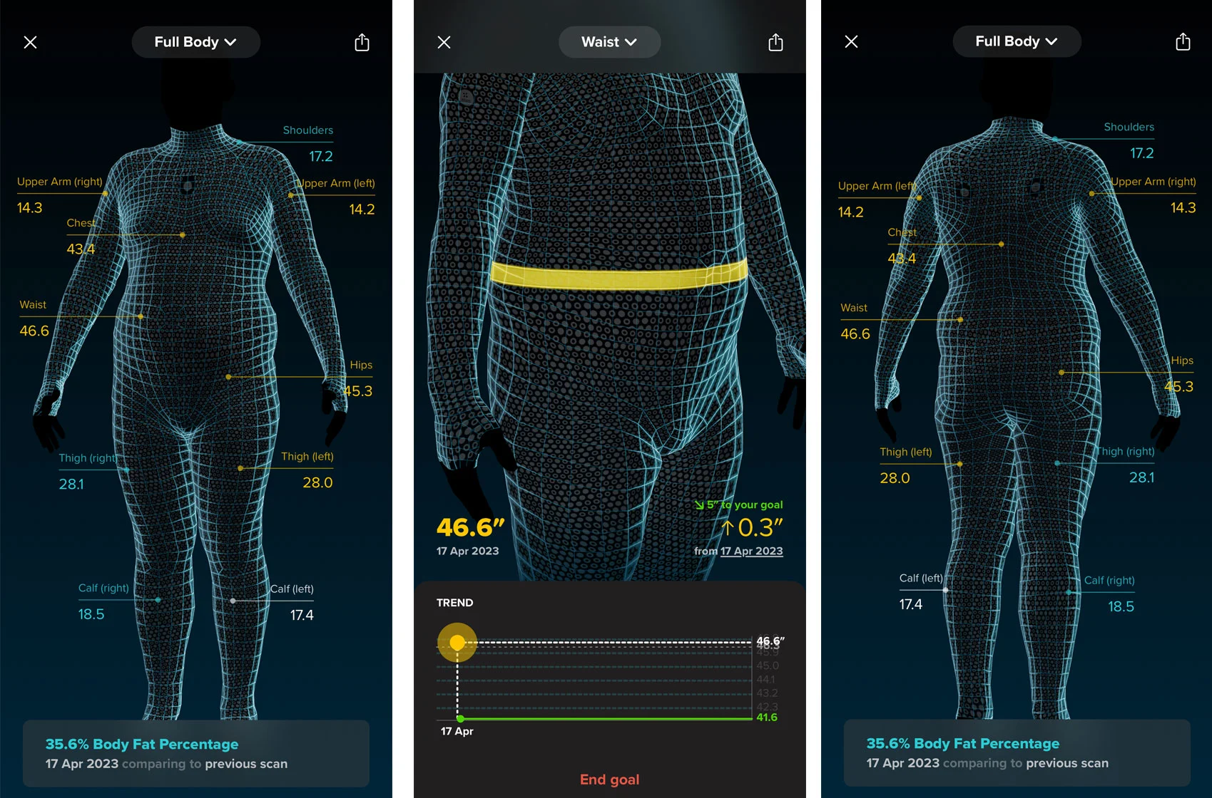 Screenshots of measurements taken of Daniel Cooper inside the Zozofit app showing a 3D-wire mesh of his body with measurements overlaid.