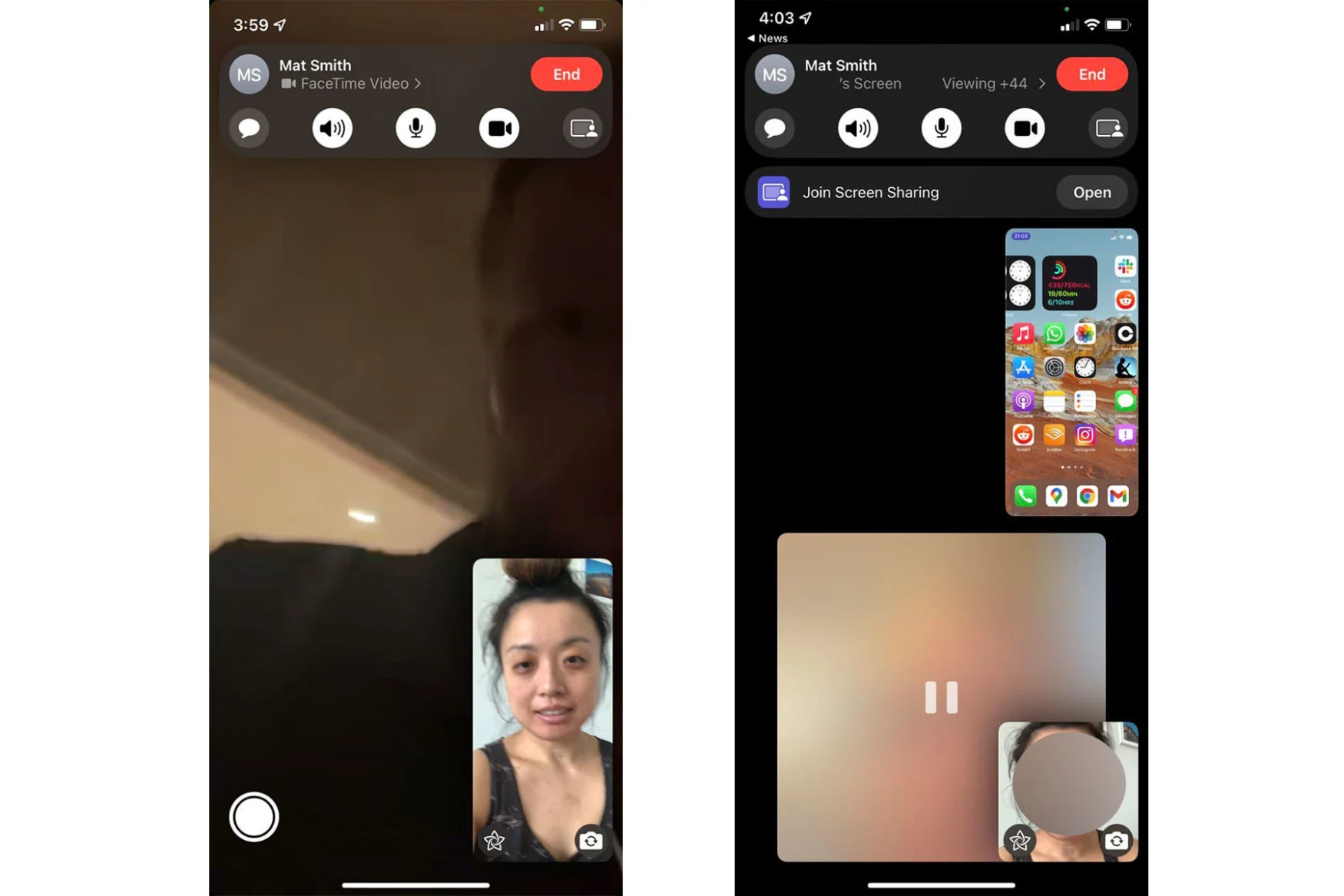 A composite of two screenshots showing FaceTime's new control panel and screen sharing feature.