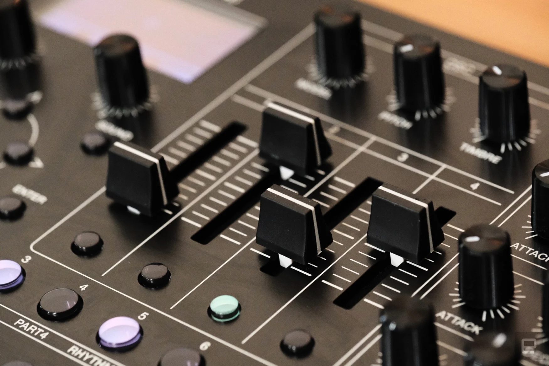 Close up of the four faders on the RolSH-4d