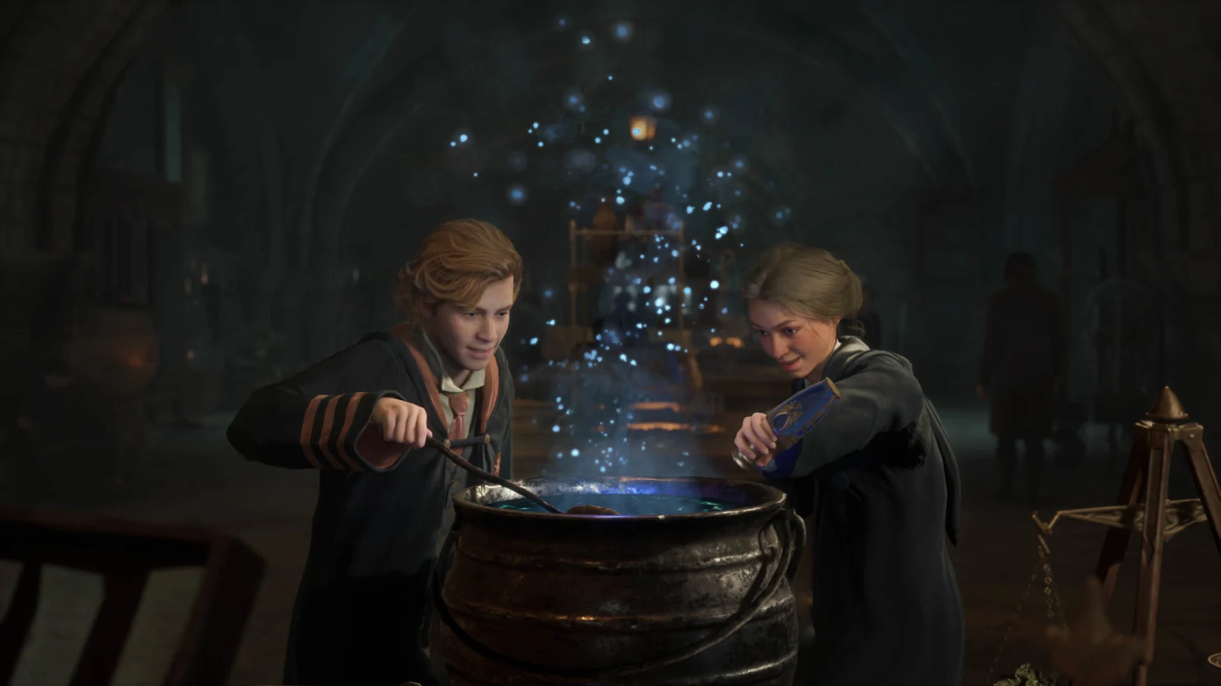 Two students in Hogwarts school robes brew a potion as blue smoke rises from the cauldron.
