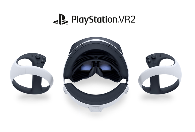 The Sony PlayStation VR2 virtual reality headset and controllers.
