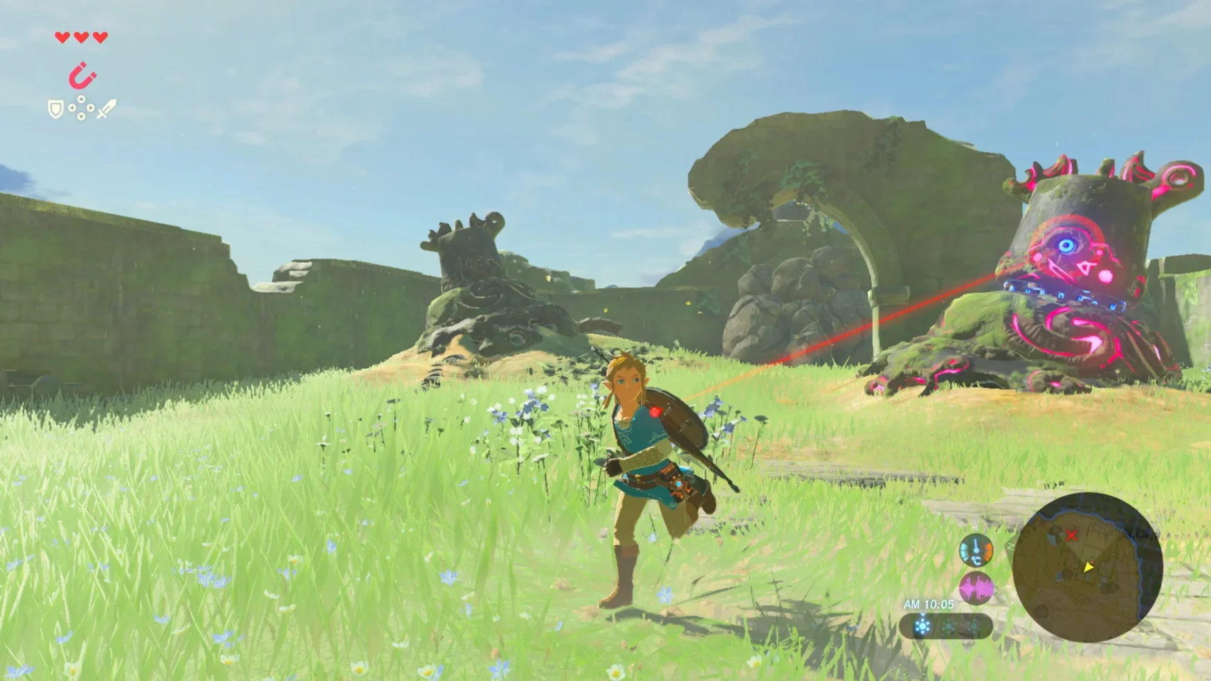 Bild von Link aus The Legend of Zelda: Breath of the Wild, der vor einem statischen Wächter davonläuft.