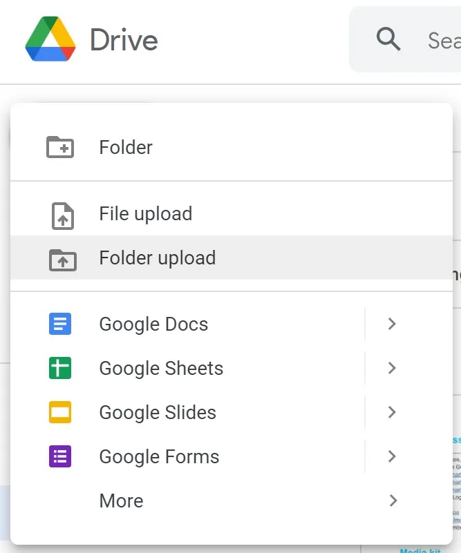 In Google Drive, you can upload your files and data by hitting the New button and selecting from a handful of options.
