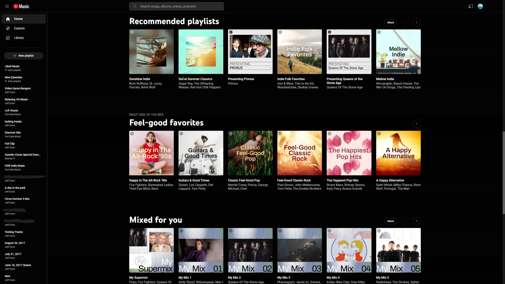 A screenshot of YouTube Music's web app user interface, as of August 2023.